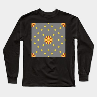 Yellow and Cerise Dahlia and Daisies on a Mid-Grey background Long Sleeve T-Shirt